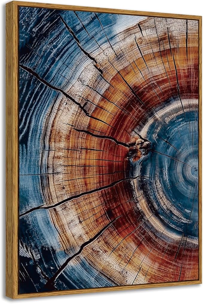 BingruiArt Framed Tree Ring Wall Art Blue and Red Boho Wall Decor Nature Print Wood Canvas Rustic Artwork Abstract Painting Modern Picture for Living Room Bedroom Bathroom 12"x16" Natural Framed(01)