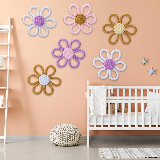 Ripeng 6 Pcs Boho Nursery Decor Flower Daisy Wall Art 6 Inch Woven Macrame Wall Hanging Bohemian Flower Decor Daisy Nursery for Baby Girls Kids Home Bedroom(Vintage Color)