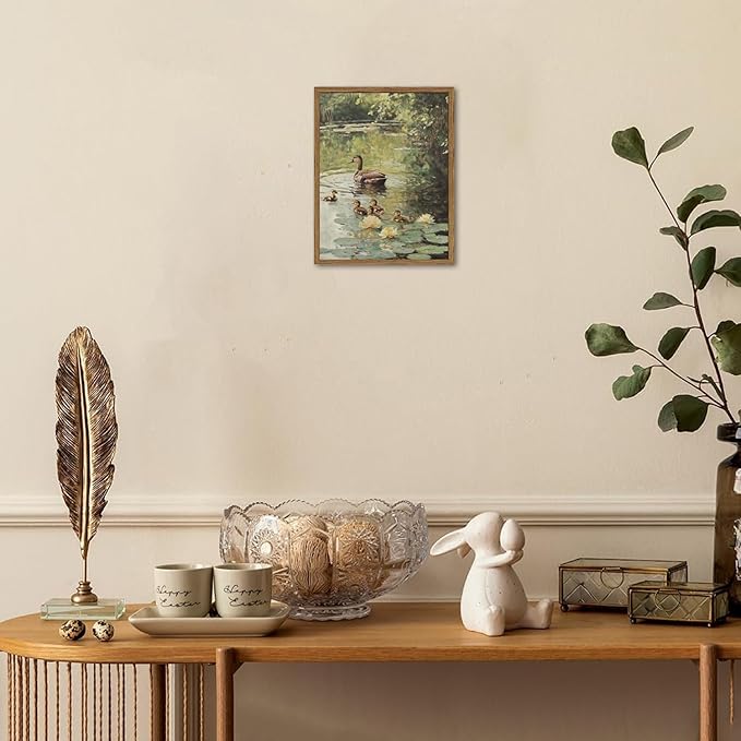Framed Vintage Duck Canvas Wall Art, Rustic Farmhouse Animal Family Pictures Wall Decor, Country Nature Pond Paintings Prints Cottagecore Home Decor for Living Room Bedroom Bathroom 16x24 inch