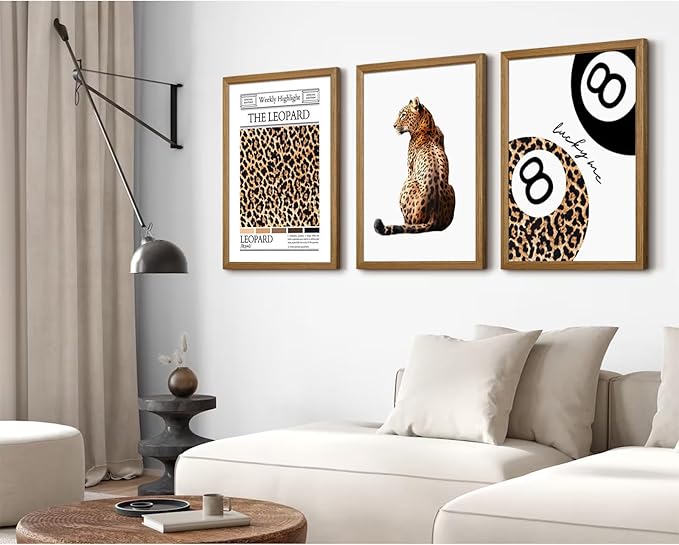 Trendy Leopard Wall Art Cheetah Print Canvas Wall Decor 8 Ball Poster Preppy Room Aesthetic Pictures Funky Coquette Vintage Prints Y2k Fashion Lucky Posters for Bedroom 16x24x3 Inch Framed