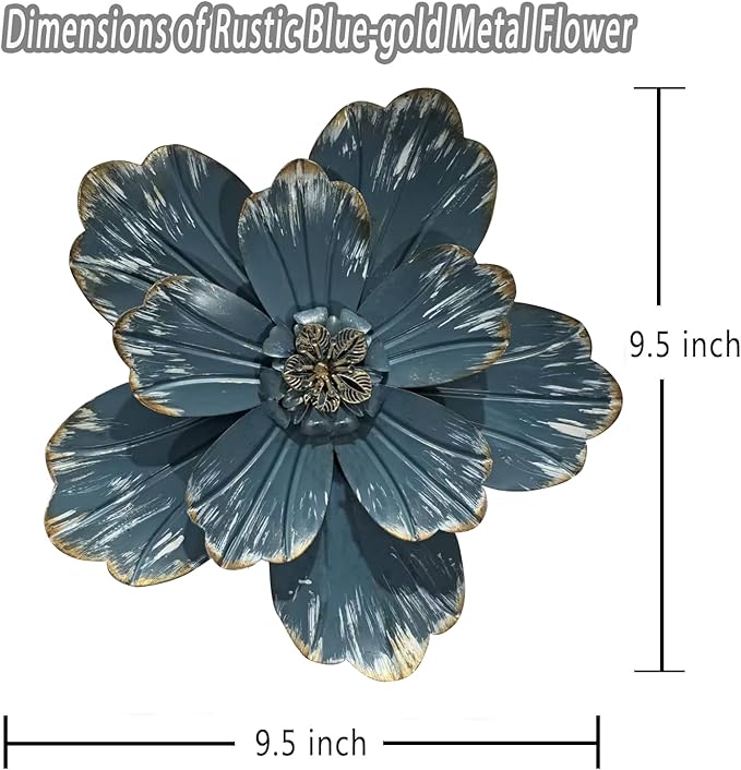 Metal Flower Wall Sculpture, 9.5" Rustic Modern Floral Artwork, Distressed 3D Layered Vintage Iron Flower Wall Hanging Accent for Indoor Kitchen, Bedroom Living Room Office Outdoor Garden Patio Decor (Retro blue)