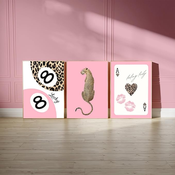 Set of 3 Trendy Pink Leopard Wall Art Cheetah Lucky 8 Ball Posters Prints Preppy Cheetah Aesthetic Wall Decor Pictures for Girly Bedroom Apartment Dorm Decoration Unframed 16x24in