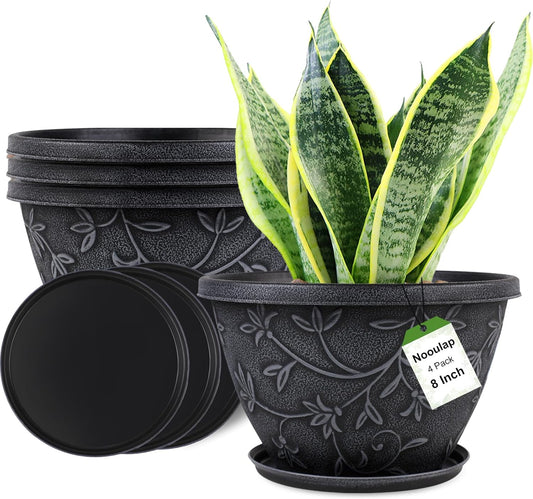4 Pack 8 Inch Flower Pots for Outdoor Indoor, Plastic Plant Pots with Drainage Hole & Saucer, Lightweight Small Resin Flower Pot, Imitation Magnolia Pots for Garden House planters（Gray）