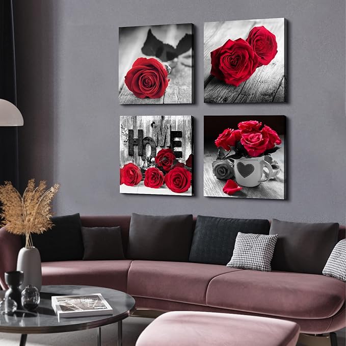 Red Rose Wall Art Red and Black Wall Decor for Living Room Master Bedroom Rustic Farmhouse Flowers Canvas Prints Floral Picture Love Themed Painting Modern Artwork Bathroom Home Decoration 24x24” 4Pcs