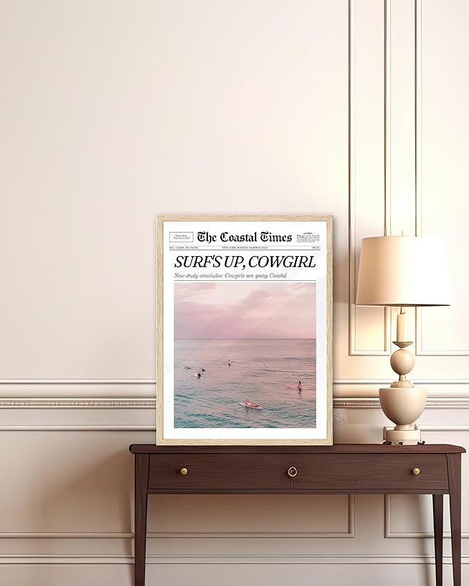 iHery Framed Trendy Coastal Cowgirl NewsPaper Wall Art Prints,Beige OAK Wood 12x16in Canvas Wall Decor For Bedroom,New York News,Western Vintage Bar Cart,Dorm Retro Surfing Up Home Décor 1Pack