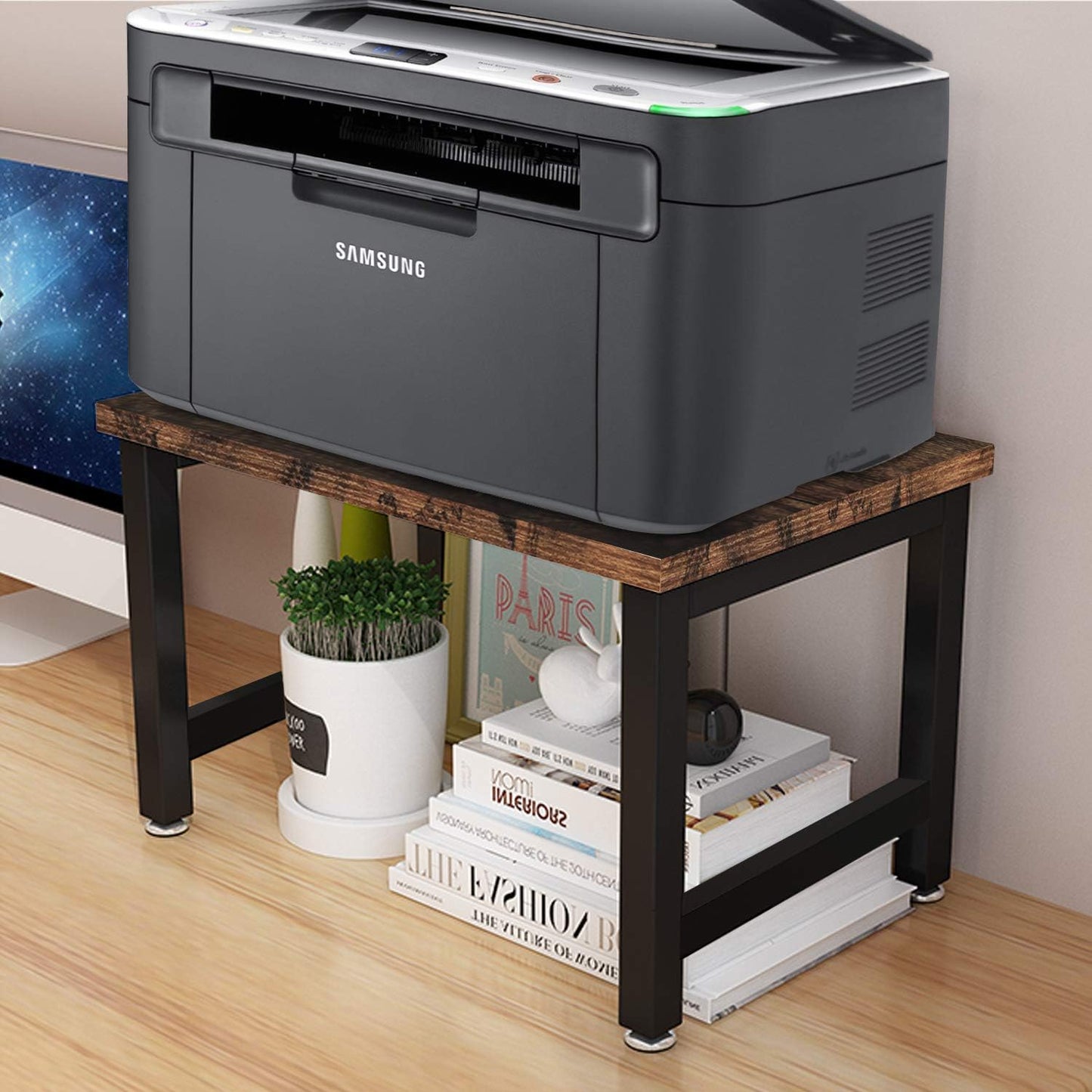 OROPY Vintage Printer Stand Holder - Multi-Purpose Desktop Shelf Storage Organizer for Printers, Fax Machine, Scanner, Office Supplies with Adjustable Anti-Skid Feet