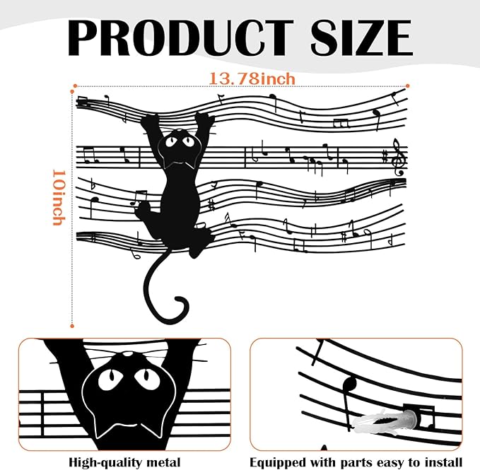 Otoolling Cat Playing Music Wall Decor Metal Black Cat Wall Art Hanging Signs Home Decor for Living Room Bedroom Bathroom Office Cats Lover Gifts (Cartoon,10.04 x 13.78 in)