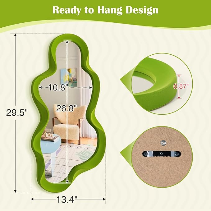 Green Wall Mirror Decor for Hallway Entryway, Large 13.8x29.7 Asymmetrical Decorative Mirrors for Home Office Living Room, Funky Home Decor for Housewarming Christmas Wedding Gift (Lawn Green)