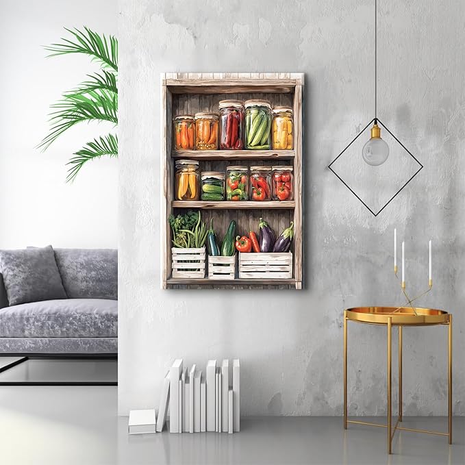 Large Colorful Spices Canvas Wall Art Kitchen Wall Decor Farmhouse Mason Jar Canvas Pictures Rustic Still Life Vegetables Fruits Painting Artwork Restaurant Dining Room Home Bar Decorations 32x48"