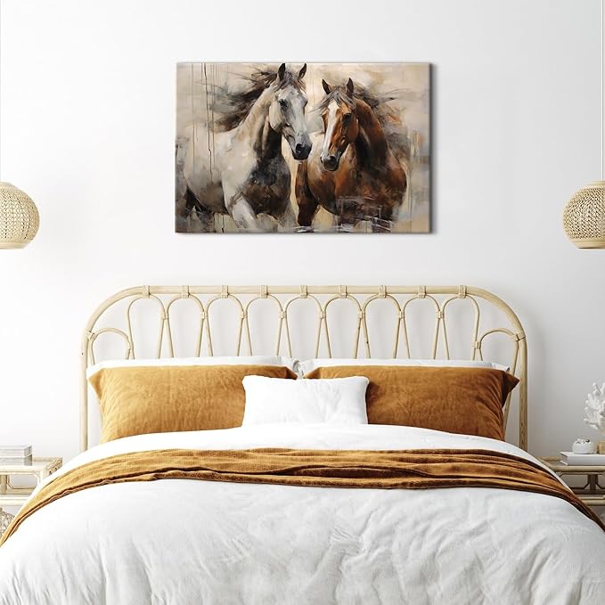 Vintage Horse Pictures Wall Decor Western Farmhouse Canvas Prints Running Horse Art Wall Decor Retro White Brown Horses Paintings Artwork for Living Room Bedroom Office Home Decorations 24x36"