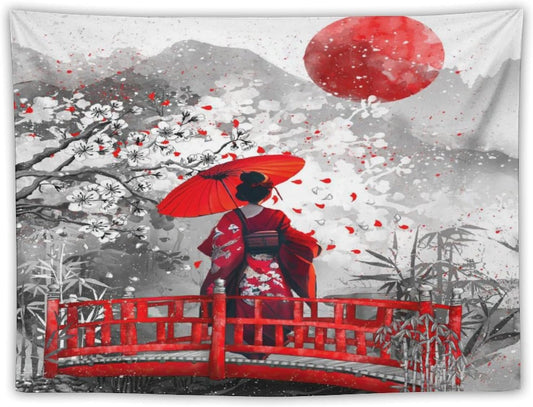 Japanese Red Geisha Tapestry Asian Cherry Blossom Red Sun Traditional Kimono Folk Tapestries Home Decor for Living Room Bedroom Apartment Farmhouse Dorm 60"x40"
