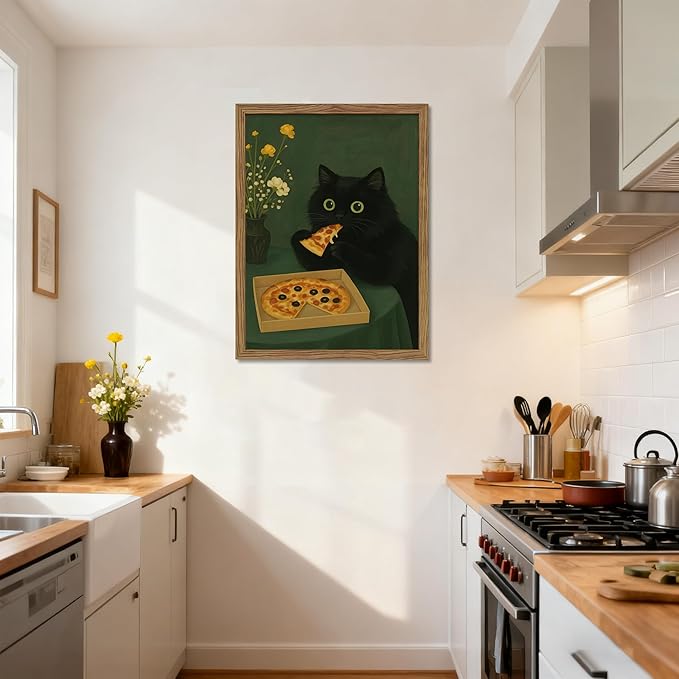 Framed Black Cat Wall Art, Cute The Cat Eating Pizza Canvas, Funny Kitchen Pictures Decor, Playful Food Lover Prints Artwork, Whimsical Animal Wall Decor for Kitchen Dining Room – 12x16 inch
