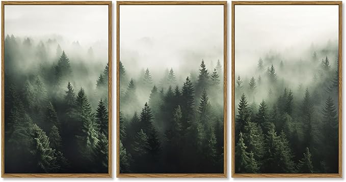 SHENIFY Green Fog Pine Tree Forest Canvas Wall Art Large 24x36in Framed Nature Modern Artwork Prints Decor - Natural Framed