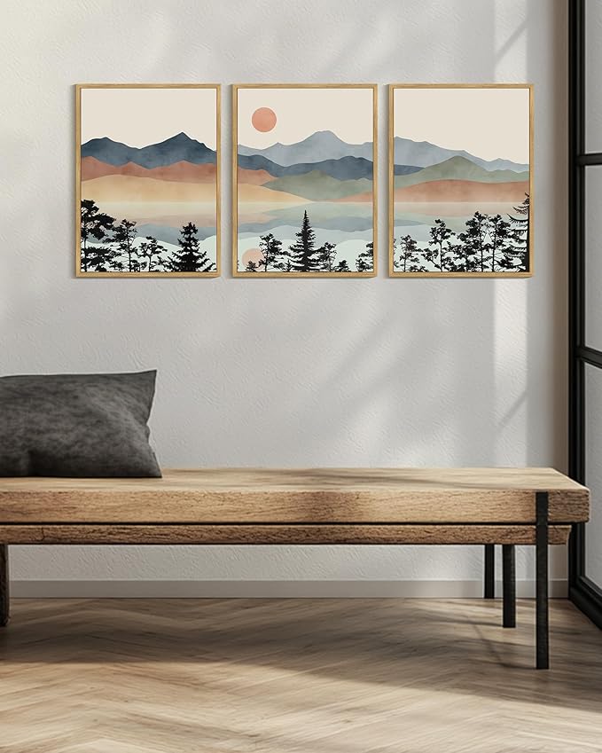 Drsoum Mountain Range Landscape Wall Art Framed Ink Wash Watercolor Nature Wall Decor Laker Sun Rises Prints Bedroom Living Room Ready to Hang 12x16in Natural Framed