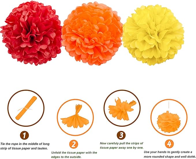 We Moment Red Orange and Yellow Paper Pom Poms Decorations for Birthday Thanksgiving Party Decoration Ceiling Wall Hanging Tissue Flowers Decorations 12pcs 3 Colors of 12 Inch 10 Inch