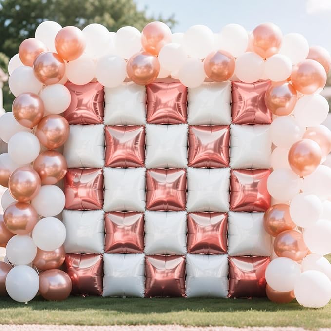 NISOCY 25PCS Rose Gold White Square Foil Balloons Wall Backdrop Double Sided White Rose Gold Balloon Arch Kit for Birthday Wedding Engagement Bridal Shower Valentine Party Decoration