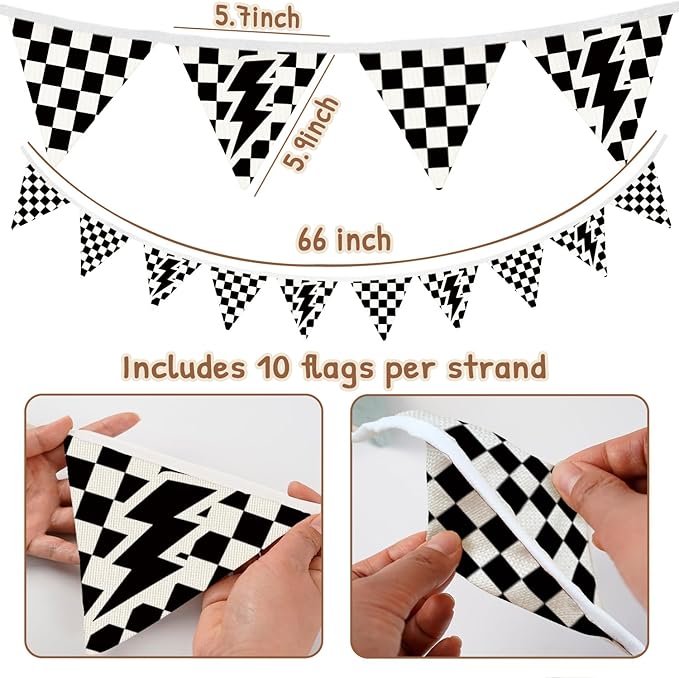 Lacama Cars Room Wall Art Decor Checkered Flag Banner for Toddler Nursery Playroom, Toddler Boy Room Decor，Black and White Checkered Garland Triangle Banners,Bunting Flags for Shower Birthday Party xsj