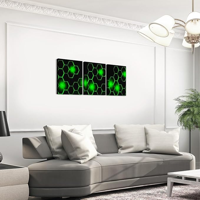 Feelyou Kids Honeycomb Canvas Wall Art 3 Piece 12" x 16" Ice Sports Games Picture Decor Geometrical Office Decorations Artwork Posters Beehive Geometric Black Green Painting