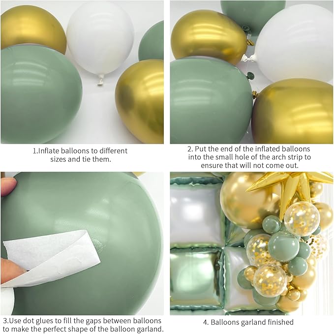 25pcs Green and White Foil Square Balloon Backdrop Wall &149pcs Sage Green Gold White Balloons Arch, Double Sided Balloon Tunnel with for Birthday Baby Shower Graduation Party Decor