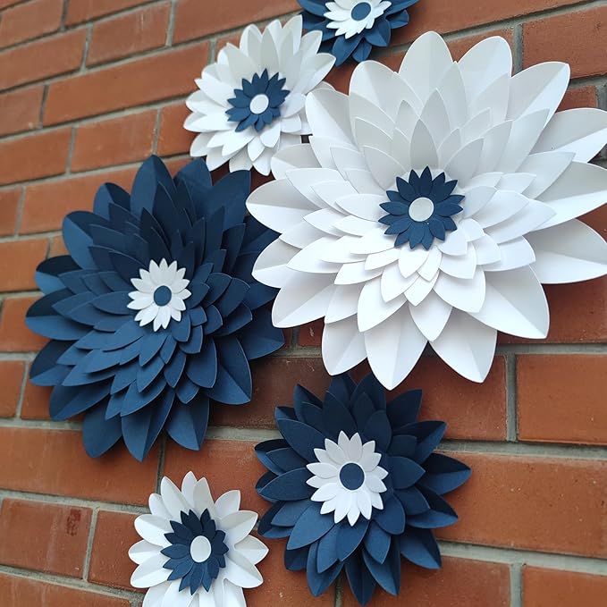 Navy Blue and White Paper Flowers for Baby Boy Shower Nautical Wedding & Bridal Shower Birthday Bachelorette Navy Blue Anniversary Party Decorations 12"-5" Pack of 6
