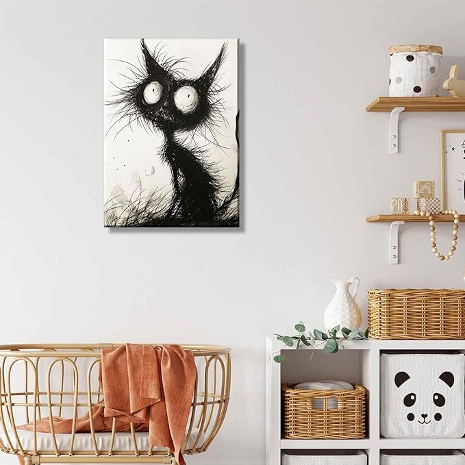 Funny Black Cat Canvas Wall Art Gothic Spooky Feline painting Decor Pictures Halloween Creepy Black And White Art Cat Posters Prints for Cafe Bar Living Room Restaurant Bedroom Decoration