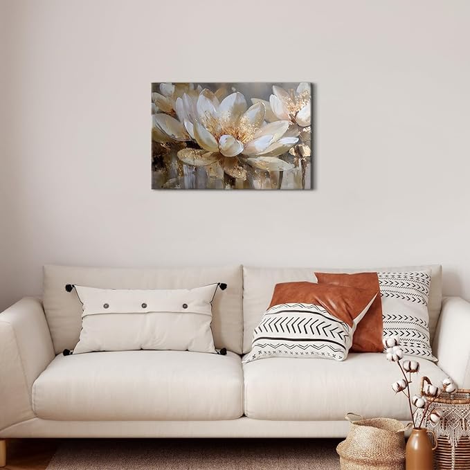 Lotus Flower Wall Art Abstract Floral Wall Decor Vintage White and Gold Flowers Canvas Wall Prints for Living Room Bedroom Zen Meditation Paintings Spa Yoga Posters Artwork Office Decoration 16x24"