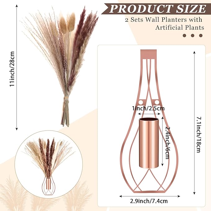 2 Pcs Boho Wall Decor Metal Wall Art Hanging Planter with Artificial Pampas Wall-Mounted Modern Home Decor Display Artwork Plant Hanging Vase for Bedroom Living Room Bathroom (Rose Gold)