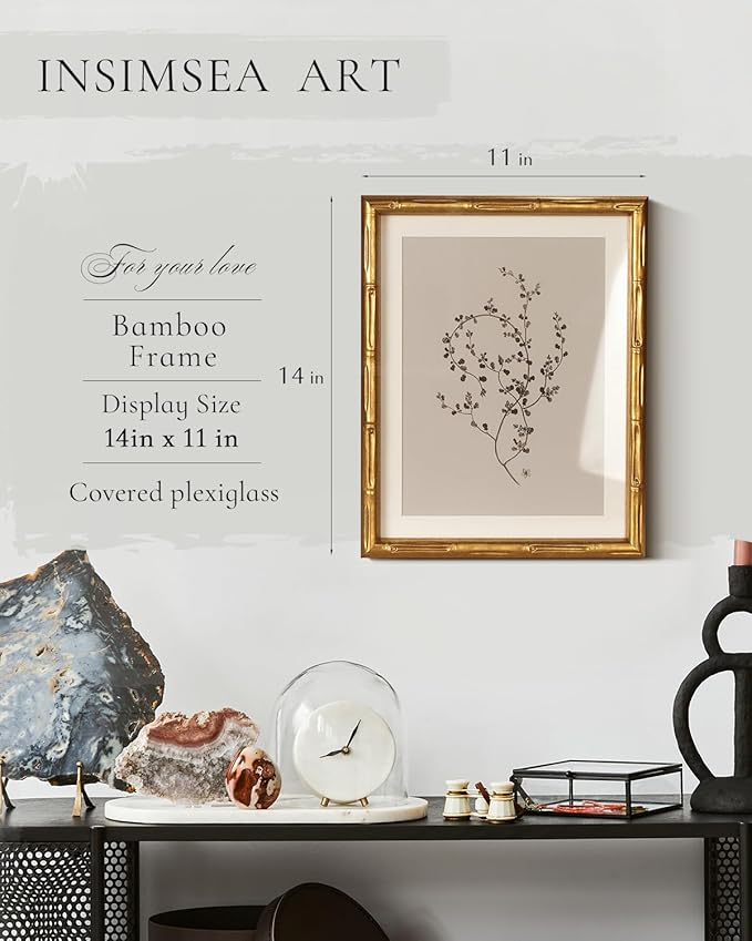 InSimSea Gold Bamboo Framed Canvas Wall Art, Minimalist Lavender Botanical Paintings, Antique Vintage Picture Frame with Mat, Victorian Home Wall Decor for Living Room Bedroom Gallery, 11x14inch