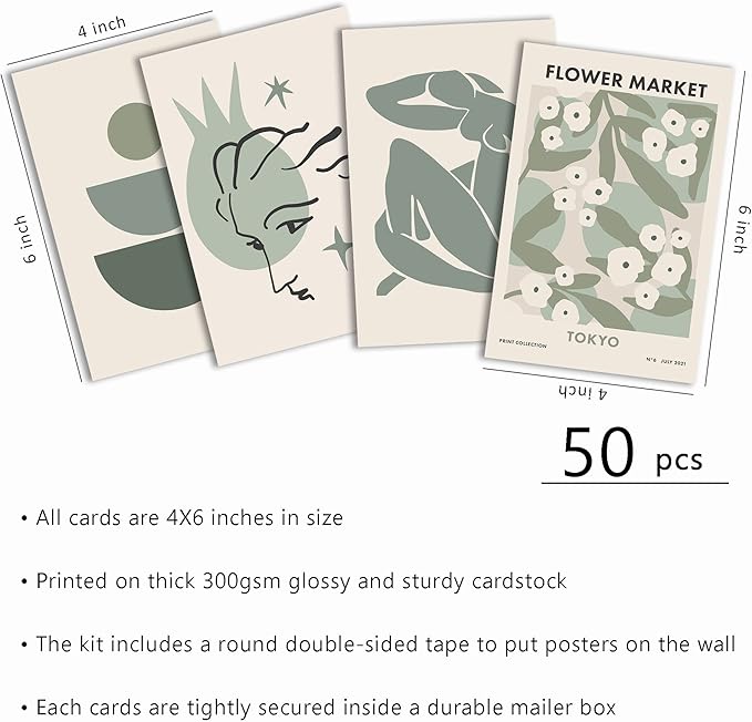 Sage Green Room Decor, Matisse Wall Collage Kit Posters for Aesthetic Room, Prints, Dorm Decor for Teen Girl (50pcs 4x6 inch)