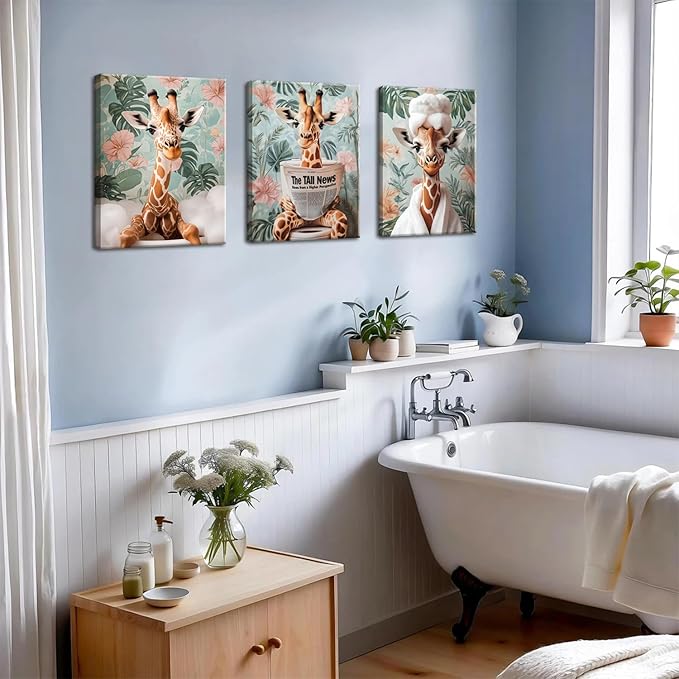 Funny Animal Bathroom Wall Art Set of 3, Cute Giraffe in Toilet Reading Newspaper Wall Decor Paintings Eclectic Giraffe Bathroom Canvas Prints Artwork 12x16 inch Framed