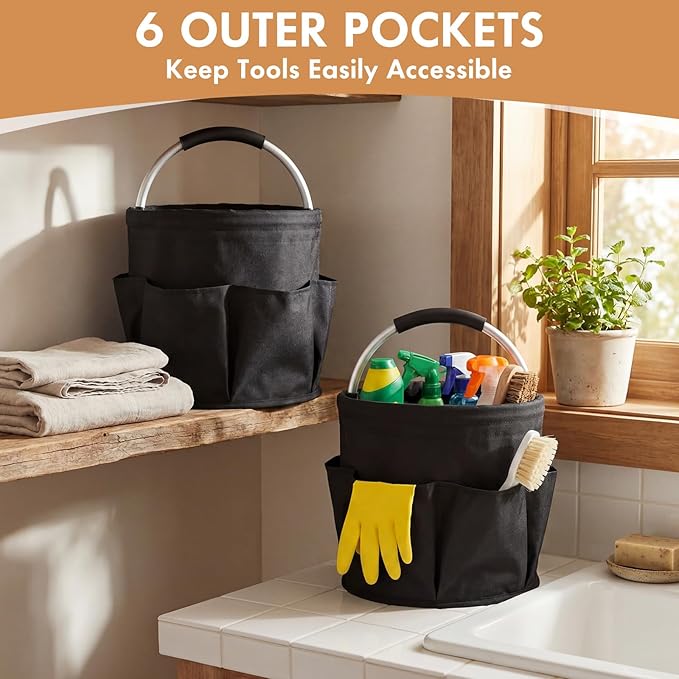 LemonRoad 4 Pack Cleaning Caddy with Handle 17L Foldable Cleaning Supplies Organizer Oxford Cloth Storage Basket with 6 Pockets & Soft Grip Portable Multi Bucket Bag for Home, Garden (Black)