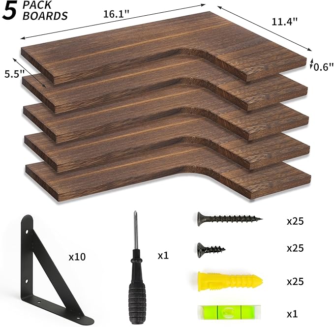 Fixwal Floating Shelves for Wall, Rustic Wood Wall Mounted Corner Shelf for Bathroom, Kitchen, Bedroom, Home Decor, Laundry Room, Living Room, Set of 5 (Dark Carbonized Black)