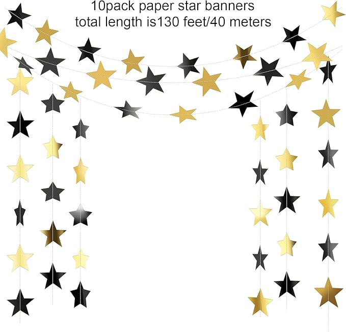 Patelai Glitter Star Garland Banner 2026 Graduation Decor 130 Feet Star Hanging Banner Twinkle Backdrop for Party Birthday Classroom Wedding Supplies(Black, Gold)