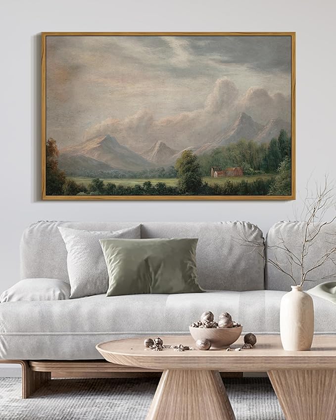 SHENIFY Vintage Framed Wall Art Rustic Cottage Country Riverside Landscape Scenery Home Decor Retro Mountain Decorations for Bedroom Ready to Hang Wall Artwork - 16x24in Natural Framed