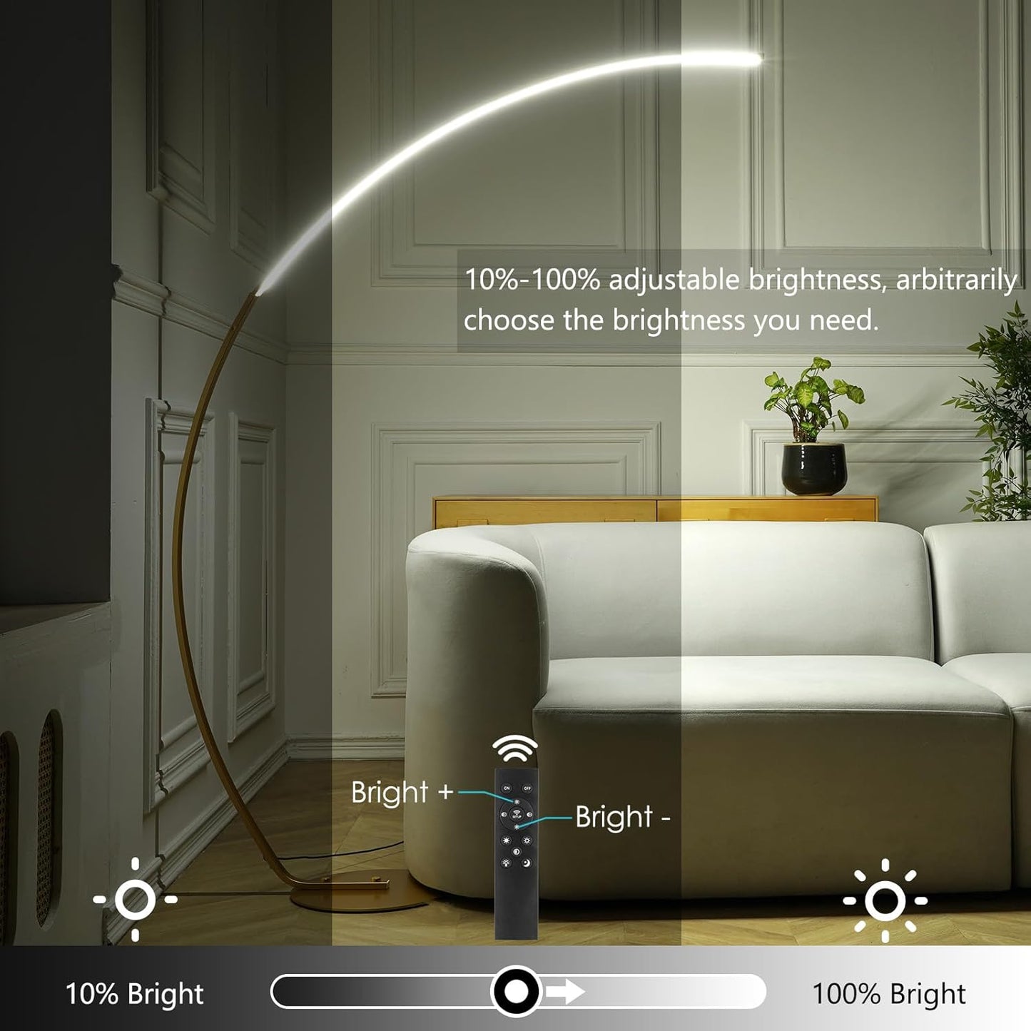 NUÜR Arc Floor Lamp, 67" Tall Gold LED Modern Standing Floor Lamp with Remote Control, Arched Bright Floor Lamps for Living Room Bedroom Office Home