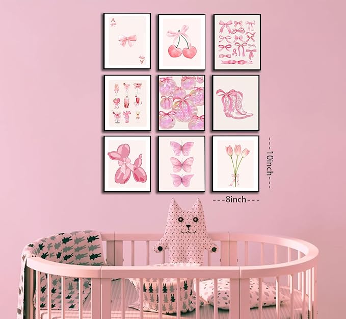 Ucninvd Pink Bow Wall Art Posters Set of 9 Trendy Coquette Preppy Wall Decor Paintings Disco Ball Girly Room Decor Aesthetic Canvas Pictures Prints for Bathroom Living Room Dorm 8x10Inch Unframed