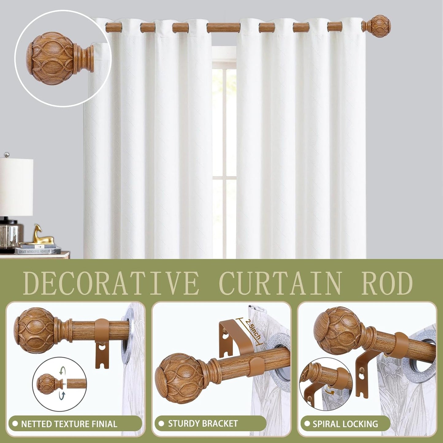 Wood Curtain Rods for Windows 66 to 120 Inch(5.5-10ft),1 Inch Adjustable Curtain Rod,Heavy Duty Curtain Rods,Wooden Netted Texture Drapery Rods,Single Window Curtain Rod 66-120",Brown Wood