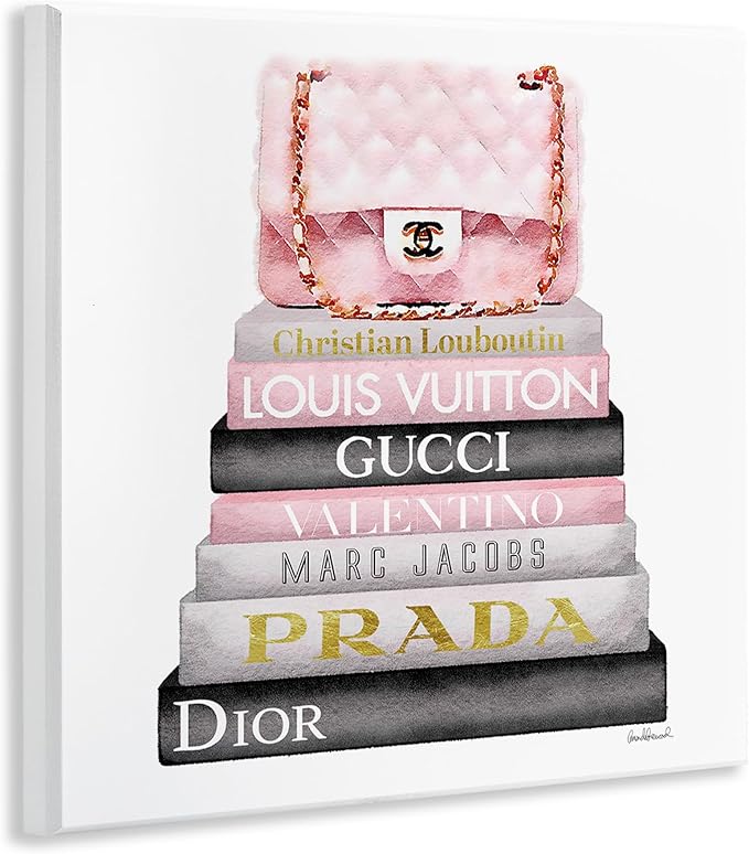 Stupell Industries Watercolor High Fashion Bookstack Padded Pink Bag Wall Plaque Art, 12 x 12, Pink, for Bedroom