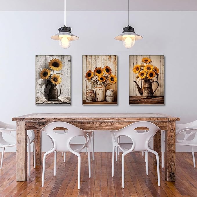 AOYUSMO 3 Piece Sunflower Wall Art Rustic Vintage Floral Canvas Wall Art Flower in Pitcher Pictures Wall Decor Farmhouse Art Prints for Kitchen Living Room Bedroom 16"x24" Framed