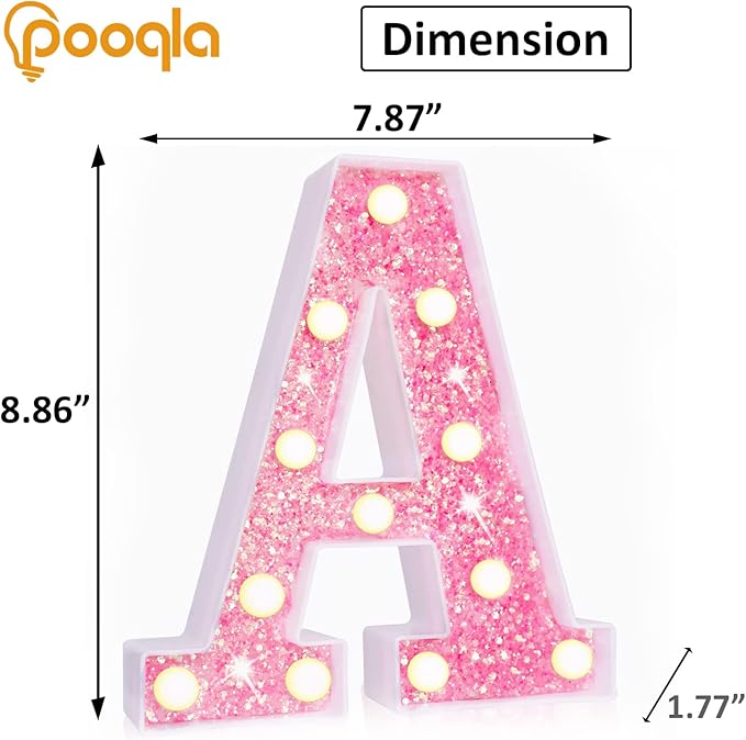 Pooqla LED Marquee Letter Lights, Light Up Pink Letters Glitter Alphabet Letter Sign Battery Powered for Night Light Birthday Party Wedding Girls Gifts Home Bar Christmas Decoration, Pink Letter A