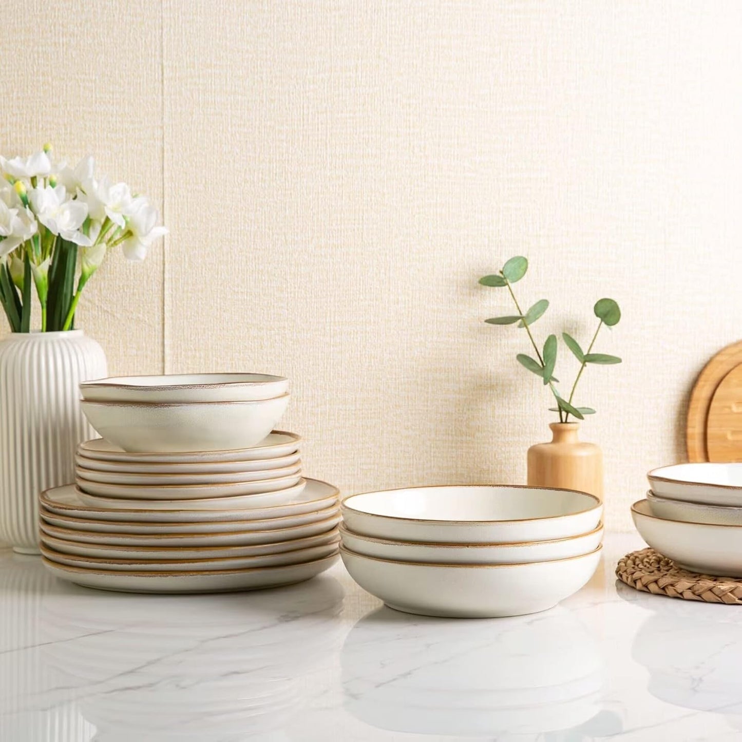AmorArc Ceramic Dinnerware Sets,Handmade Reactive Glaze Stoneware Plates and Bowls Sets,Highly Scratch Resistant | Dishwasher & Microwave Safe Dishes Set,Service for 8 (24pc)