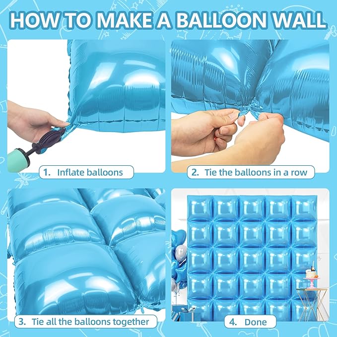 NISOCY 25PCS Pearl Blue Square Foil Balloons Wall Backdrop Double Sided Light Blue Balloon Tunnel Arch Kit for Birthday Baby Bridal Shower Wedding Anniversary Engagement Graduation Party Decorations