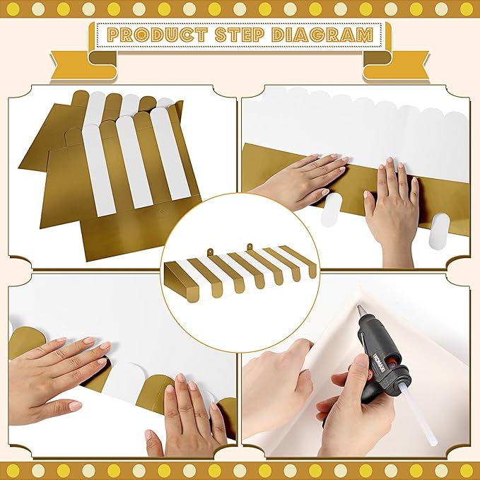 Boao 4 Pack Circus Awning Decoration 3D Stripe Cardboard Awning Carnival Wall Decor Circus Party Favors for Lemonade Stand Bakery Ice Cream Truck Bulletin Board Decor(Gold and White)