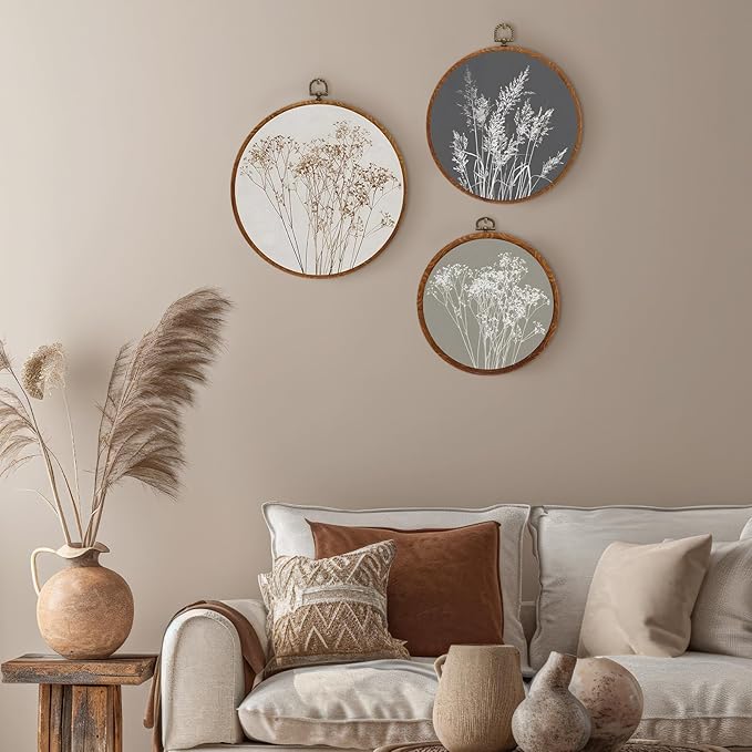 Fiwochic 3 Pcs Round Beige Wall Decor Boho Vintage Flowers Wall Artwork Spring Floral House Artwork Flowers Painting Canva Print Framed Art Farmhouse Nature Hanging Boho Decor for Bedroom