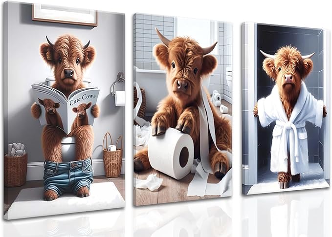 Funny Bathroom Highland Cow Wall Art Set of 3, Brown Cute Cow Animal Canvas Posters Prints Wall Decor, Vintage Rustic Farmhouse Home Painting Pictures for Kids Room Restroom Framed 12x16 Inch