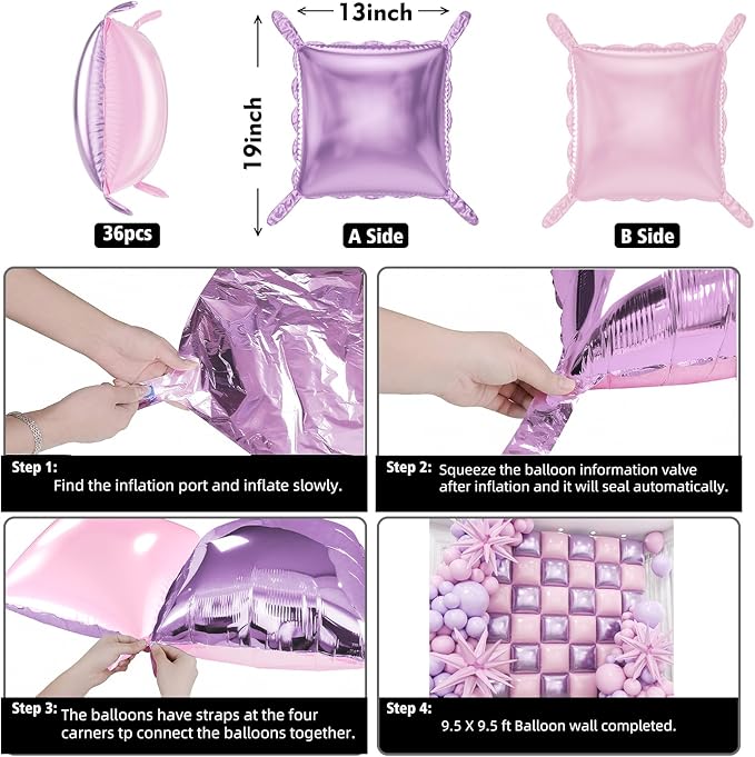 36pcs Pink and Purple Square Foil Balloons Wall Backdrop with 147pcs Balloon Garland Arch Kit, Double Sided Balloons for Princess Birthday Wedding Bridal Shower Baby Shower Party Decorations