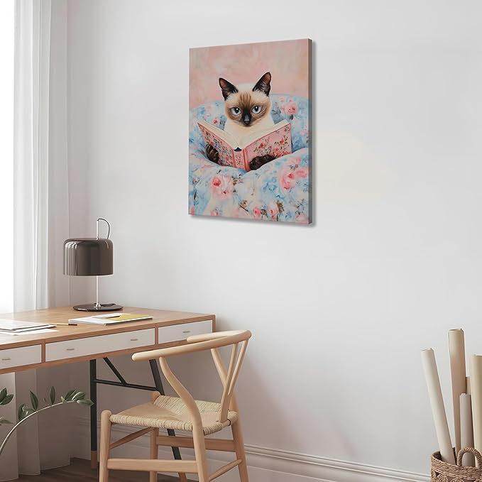 Framed Cat Reading Book Canvas Wall Art, Cute Pink Siamese Cat Wall Decor Print Painting, Funny Animal Lovers Picture for Bedroom Living Room Kids Room Girls Room Home Decor 16x24 Inch