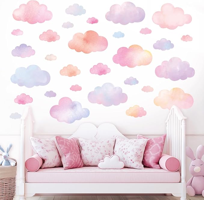 DECOWALL DS4-8094 Pastel Cloud Wall Stickers – Watercolor Sky Decals for Kids’ Room, Nursery & Playroom – Removable & Repositionable Wall Art – 64.8 × 55.7 cm / 25.5 × 21.9 in