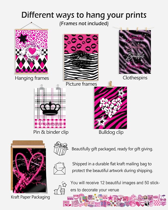 KBKBART Mcbling Y2k Room Decor Aesthetic, 12 Pcs Trashy Y2k Posters and 50 Pcs Y2k Sticker for Teen Girl's Bedroom, Early 2000s Room Decor, Hot Pink Wall Art Aesthetic Pictures, Emo Baddie Prints Wall Collage for Dorm Bedroom Apartment Decor (UNFRAMED)