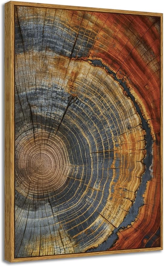 BingruiArt Large Framed Tree Ring Canvas Wall Art Red and Gold Abstract Wood Wall Decor Boho Modern Colorful Nature Prints Pictures for Living Room Bedroom Bathroom 24"x36" Natural Framed(03)